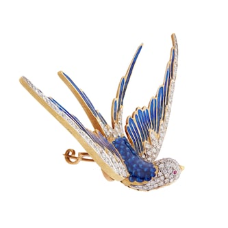Vintage And Estate Jewelry 18k Yellow Gold and Blue Enamel Diamond and Ruby Bird Brooch