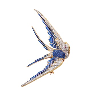 Vintage And Estate Jewelry 18k Yellow Gold and Blue Enamel Diamond and Ruby Bird Brooch