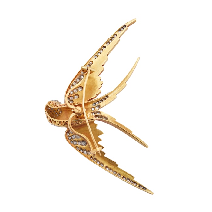 Betteridge Estate 18k Yellow Gold and Blue Enamel Diamond and Ruby Bird Brooch