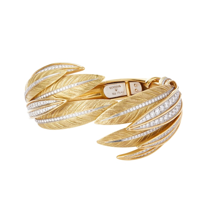 Vintage And Estate Jewelry 18k Yellow Gold and Platinum 5.14cttw Diamond Tiara Feather Bracelet