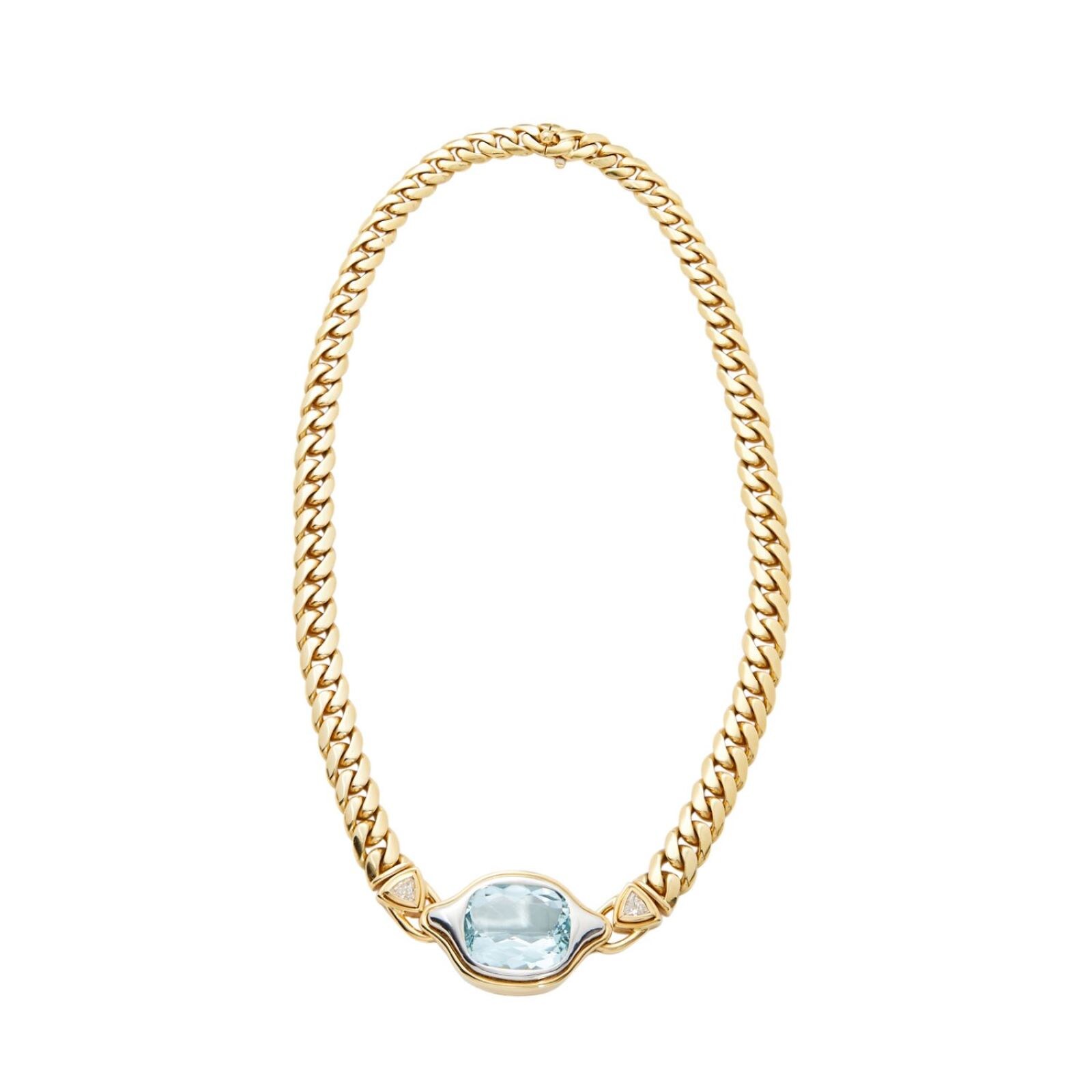 Vintage And Estate Jewelry 18K Yellow Gold & Platinum Aquamarine & Diamond Necklace