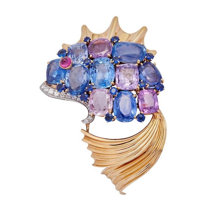 Vintage And Estate Jewelry 18k Yellow and White Gold Blue and Pink Mixed Sapphire Fish Pin
