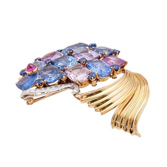 Vintage And Estate Jewelry 18k Yellow and White Gold Blue and Pink Mixed Sapphire Fish Pin