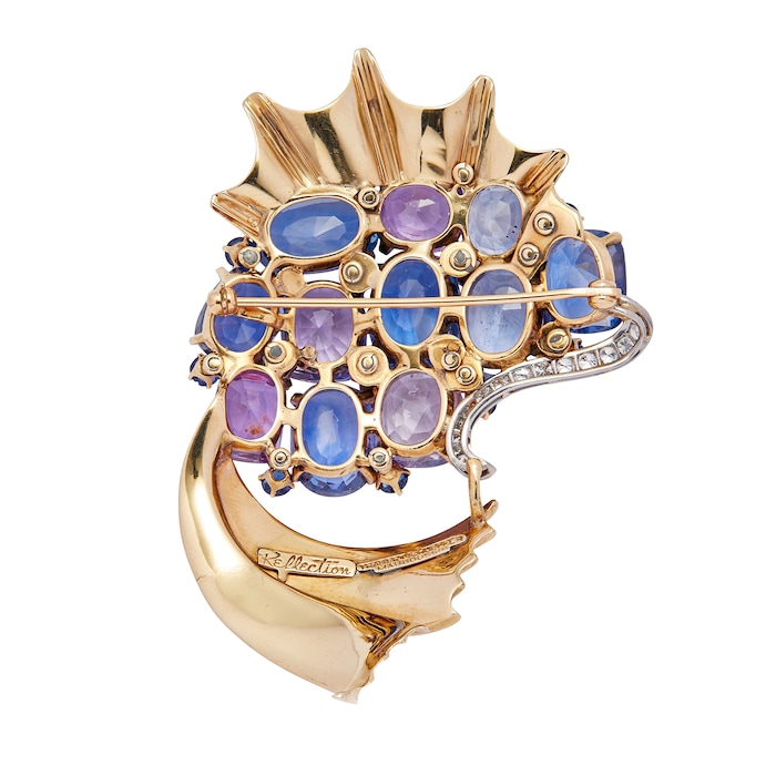 Vintage And Estate Jewelry 18k Yellow and White Gold Blue and Pink Mixed Sapphire Fish Pin