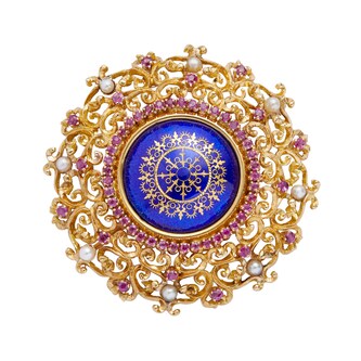 Vintage And Estate Jewelry 18k Yellow Gold Ruby Pearl and Blue Enamel Round Pin