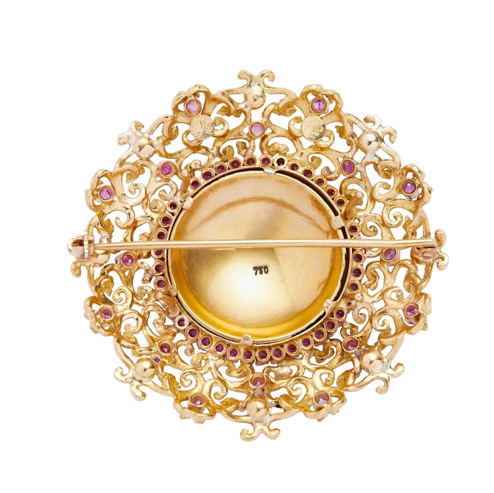 Vintage And Estate Jewelry 18k Yellow Gold Ruby Pearl and Blue Enamel Round Pin