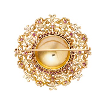 Vintage And Estate Jewelry 18k Yellow Gold Ruby Pearl and Blue Enamel Round Pin