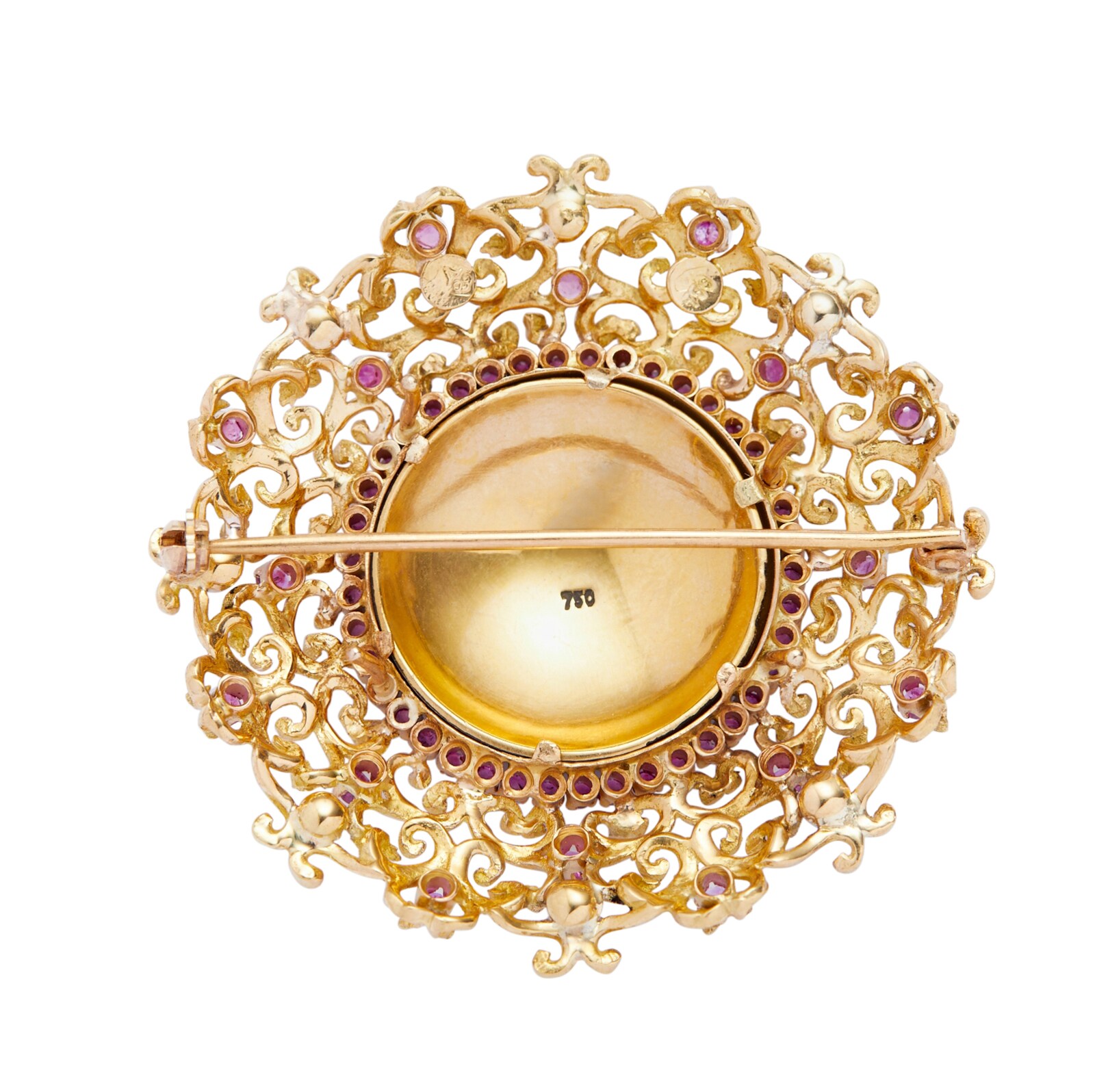 Vintage And Estate Jewelry 18k Yellow Gold Ruby Pearl and Blue Enamel Round Pin