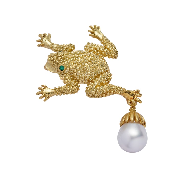 Vintage And Estate Jewelry 18k Yellow Gold and Pearl Frog Pin