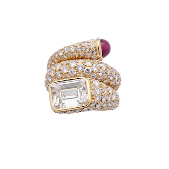 Vintage And Estate Jewelry 18k Yellow Gold 10.90cttw Diamond and 4.43cttw Ruby Cocktail Ring