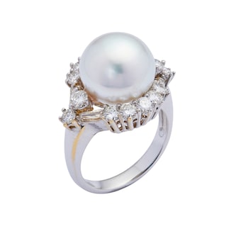 Vintage And Estate Jewelry 18k White Gold 1.34cttw Diamond and Cultured Pearl Cocktail Ring