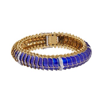 Vintage And Estate Jewelry 18k Yellow Gold Blue Enamel and Diamond Serpent Link Bracelet 7"