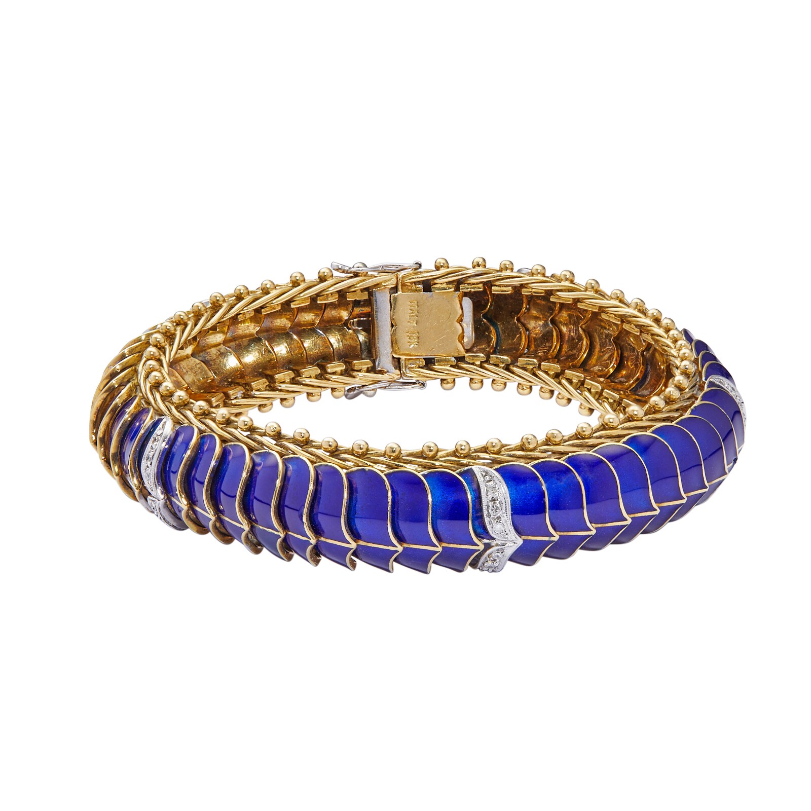 Vintage And Estate Jewelry 18k Yellow Gold Blue Enamel and Diamond Serpent Link Bracelet 7"