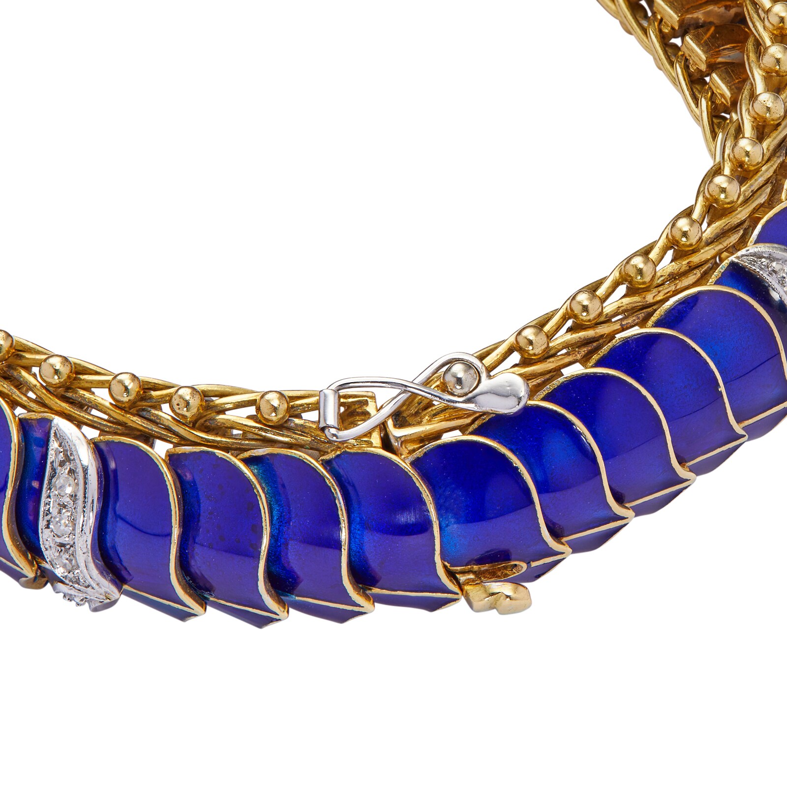 Vintage And Estate Jewelry 18k Yellow Gold Blue Enamel and Diamond Serpent Link Bracelet 7"