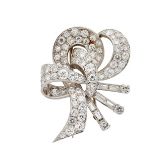 Vintage And Estate Jewelry Platinum 4.62cttw Brilliant and Baguette Cut Bow Pin 20mm