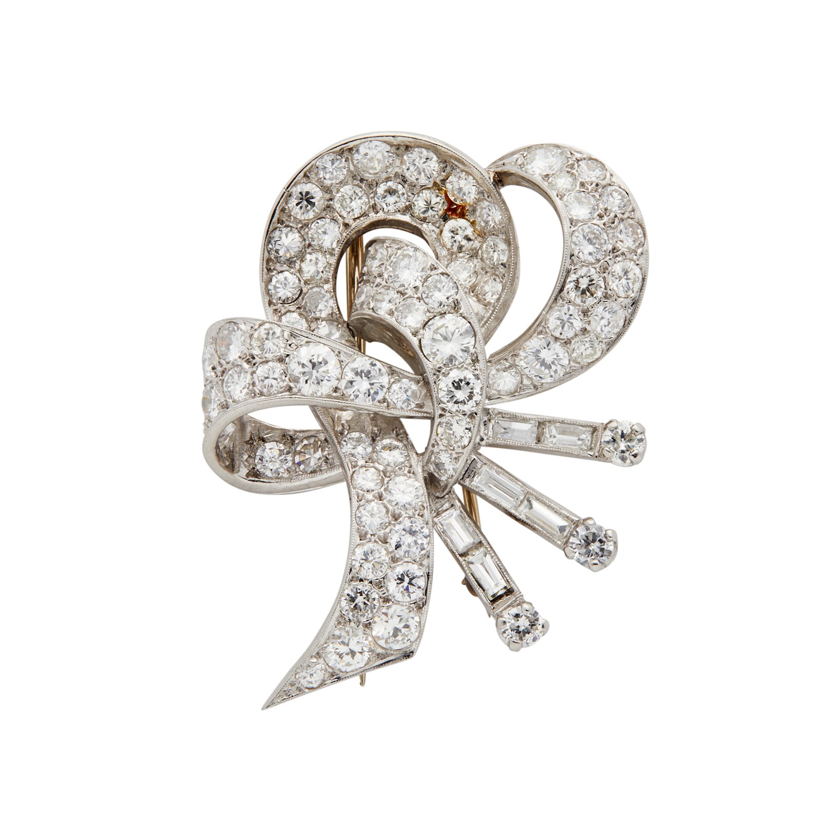 Vintage And Estate Jewelry Platinum 4.62cttw Brilliant and Baguette Cut Bow Pin 20mm