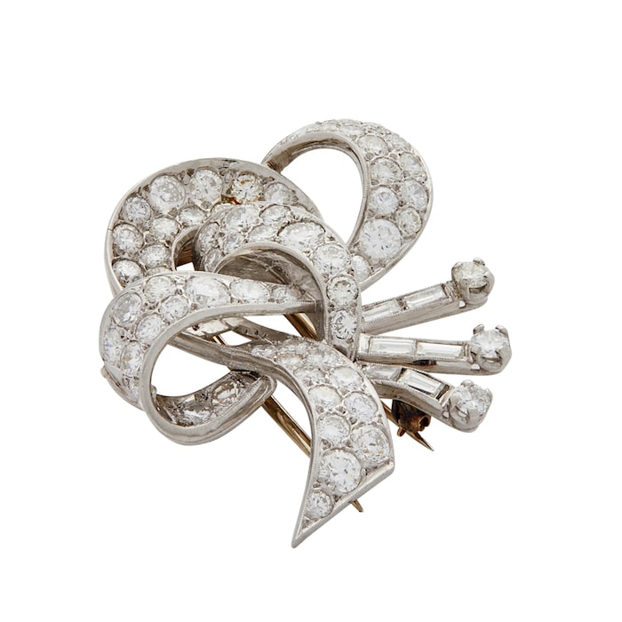 Vintage And Estate Jewelry Platinum 4.62cttw Brilliant and Baguette Cut Bow Pin 20mm
