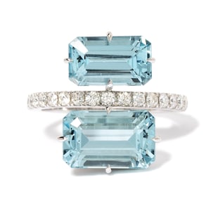 Vintage And Estate Jewelry Contemporary 18K White Gold Salavetti Mare Aquamarine & Diamond Ring - Size 7.25