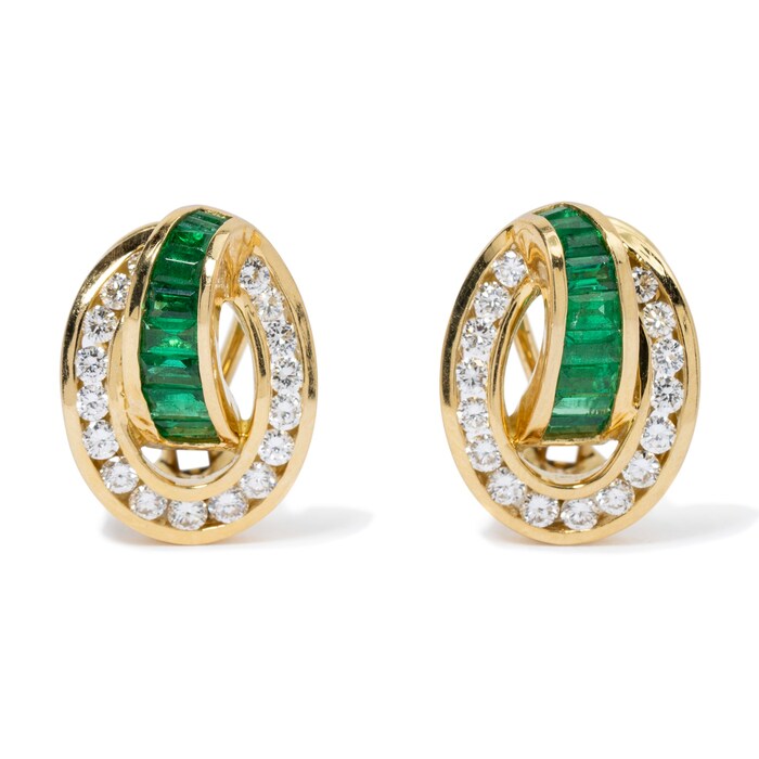Vintage And Estate Jewelry Opulent 18K Yellow Gold KRYPELL Emerald & Diamond Vintage Earrings
