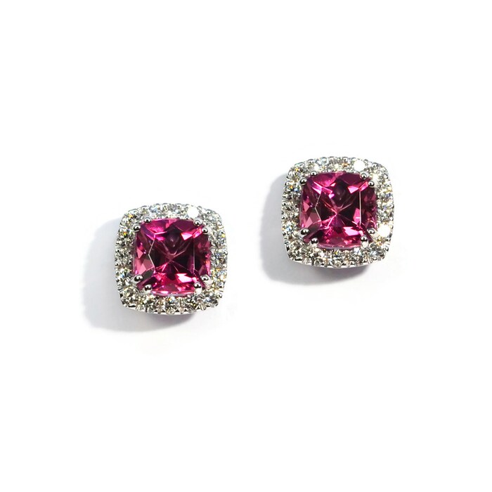 A & Furst 18k White Gold 3.86cttw Pink Tourmaline and 0.68cttw Diamond Halo Earrings
