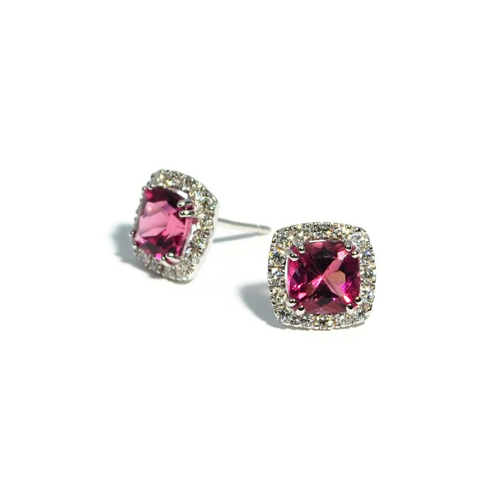 A & Furst 18k White Gold 3.86cttw Pink Tourmaline and 0.68cttw Diamond Halo Earrings