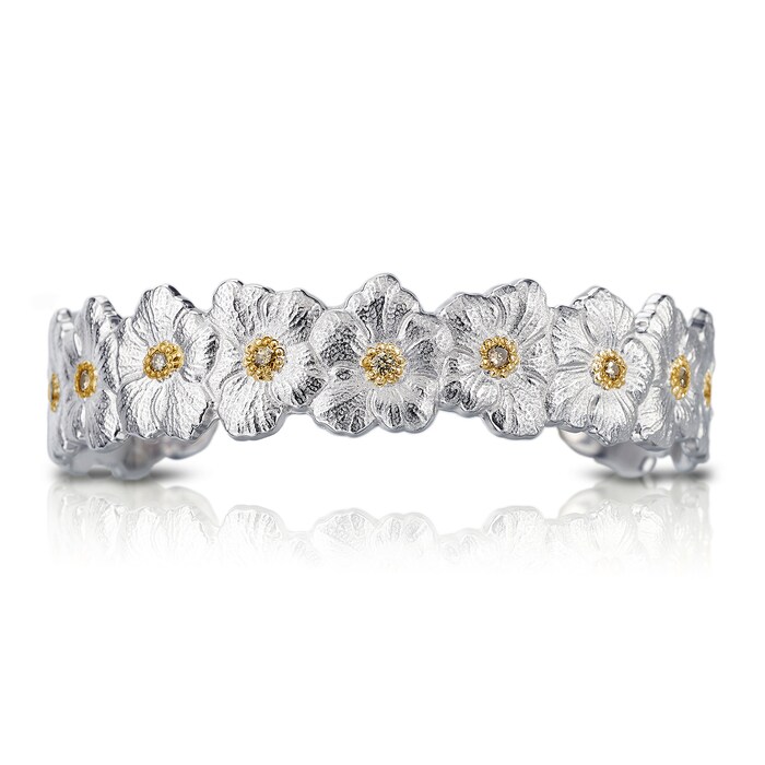 Buccellati Sterling Silver 0.45cttw Diamond Narrow Blossoms Flower Cuff Bracelet