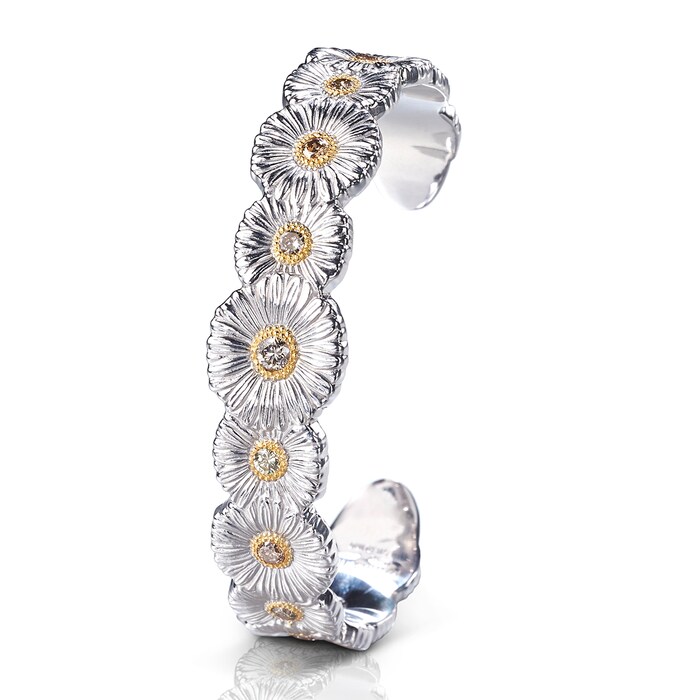 Buccellati Sterling Silver 1.40cttw Diamond Narrow Blossoms Flower Cuff Bracelet