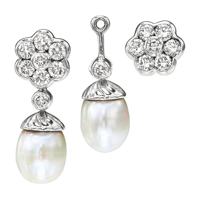 Gemveto 18k White Gold 1.30cttw Diamond and Pearl Bezel Set Drop Earrings