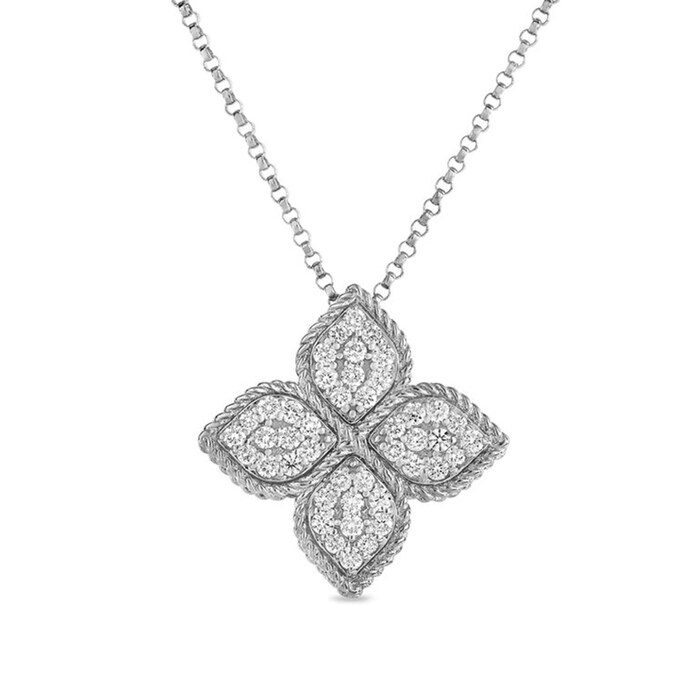 Roberto Coin 18k White Gold 0.17cttw Diamond Princess Flower Pendant 16-18"