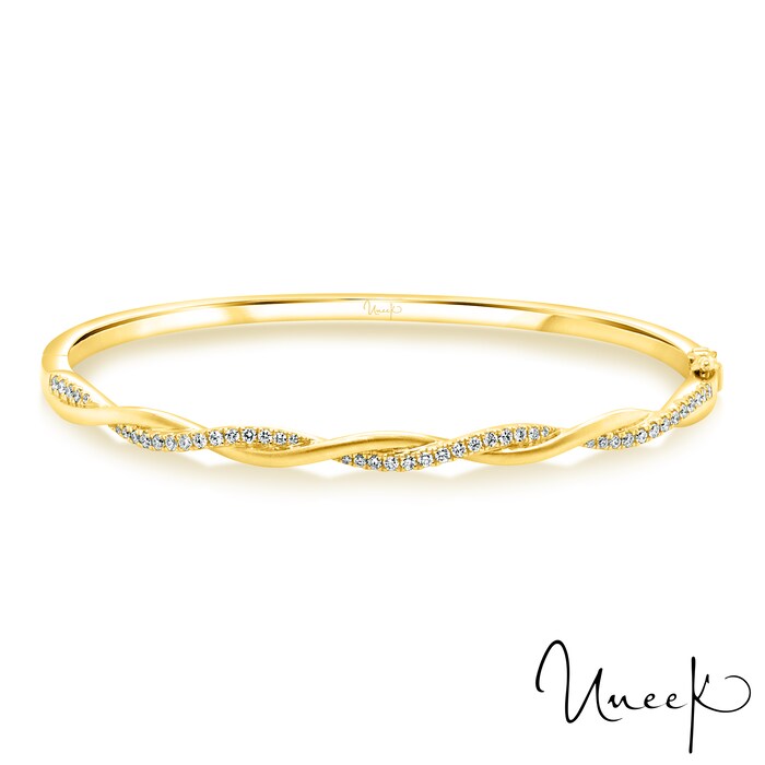 UNEEK 18k Yellow Gold 0.40cttw Diamond Twisted Hinged Bangle