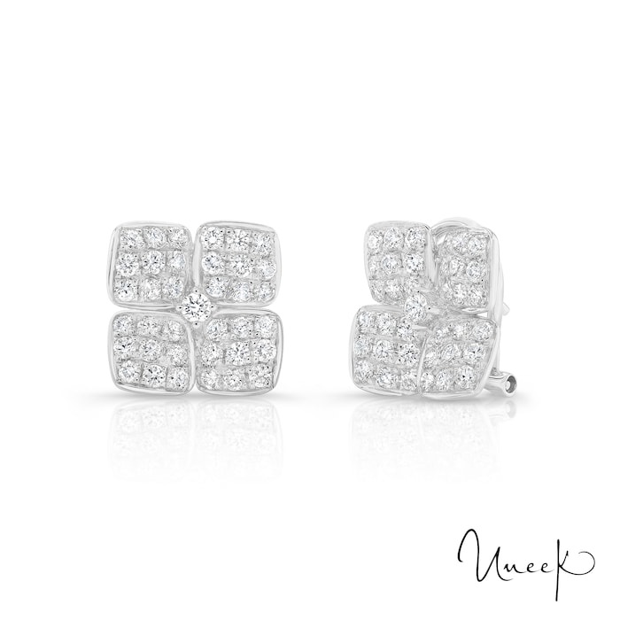 UNEEK 18k White Gold 1.63cttw Diamond Square Flower Stud Earrings
