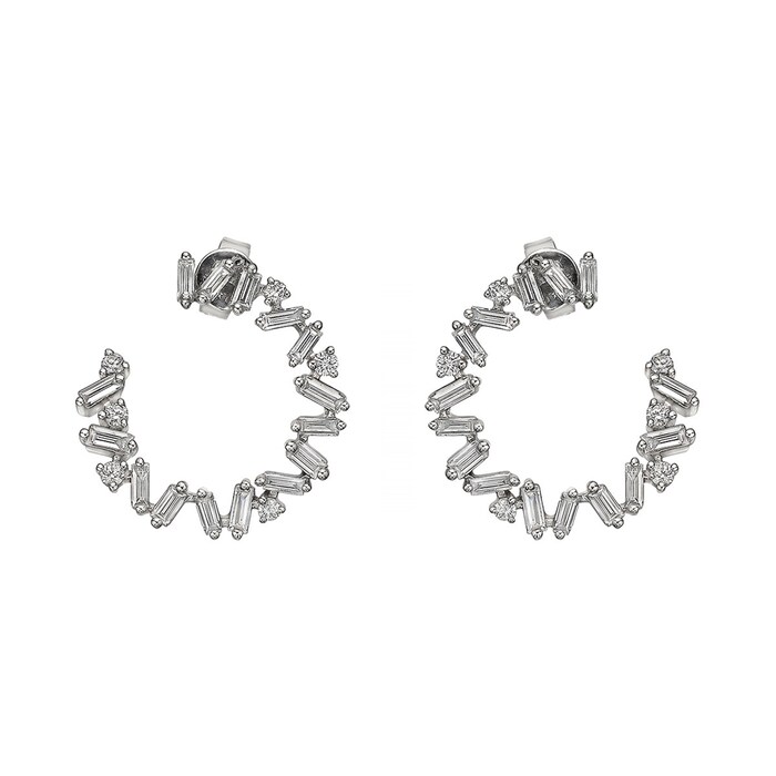 By Request 18k White Gold 0.88cttw Baguette and Round Diamond Side Hoop Earrings