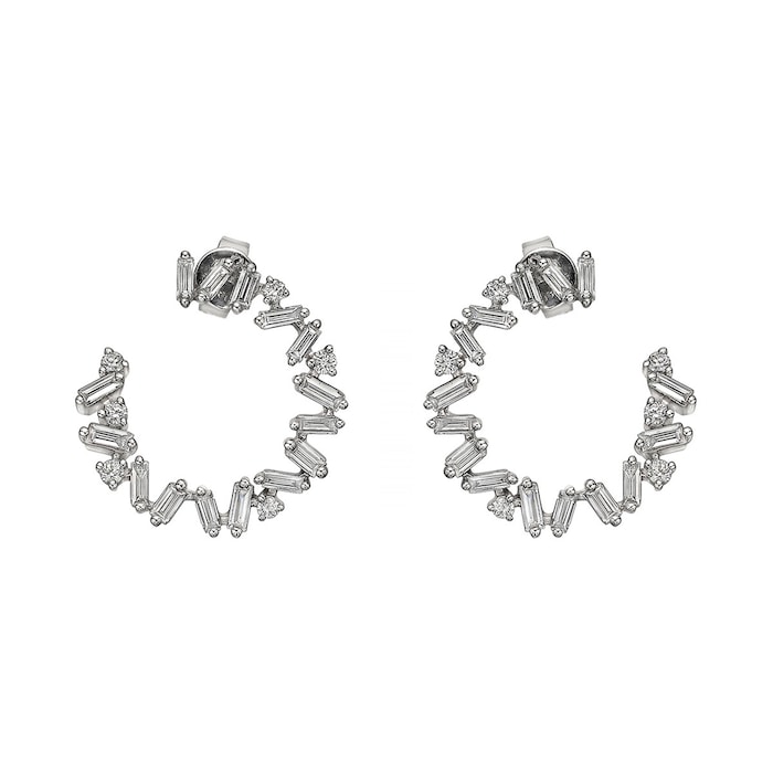 By Request 18k White Gold 0.88cttw Baguette and Round Diamond Side Hoop Earrings