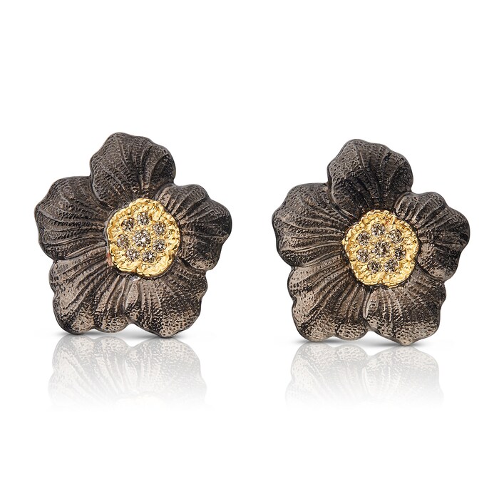 Buccellati Black Sterling Silver 0.60cttw Diamond Blossoms Large Flower Stud Earrings