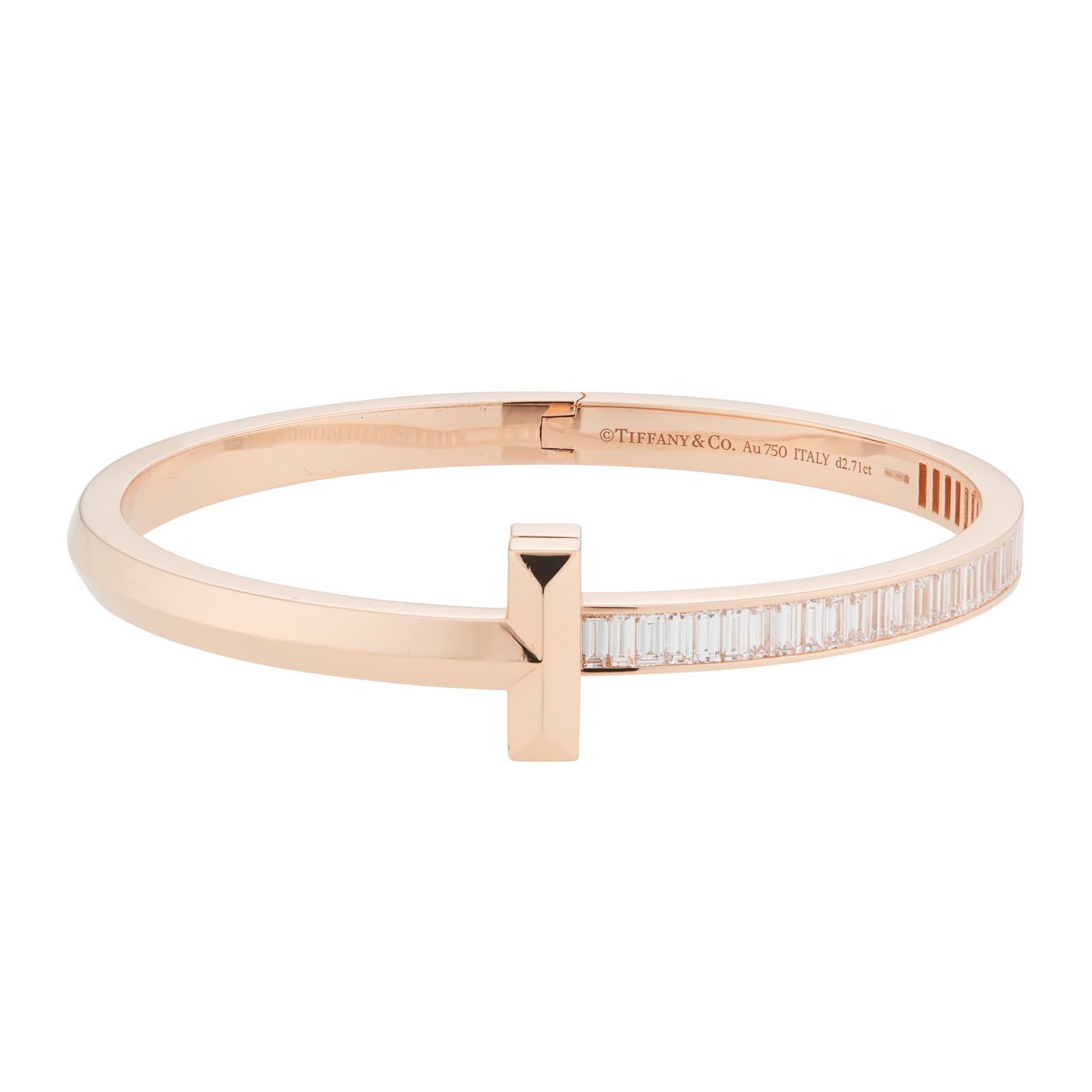 18ct Rose Gold Tiffany T T1 Wide Baguette Diamond Hinged Bracelet
