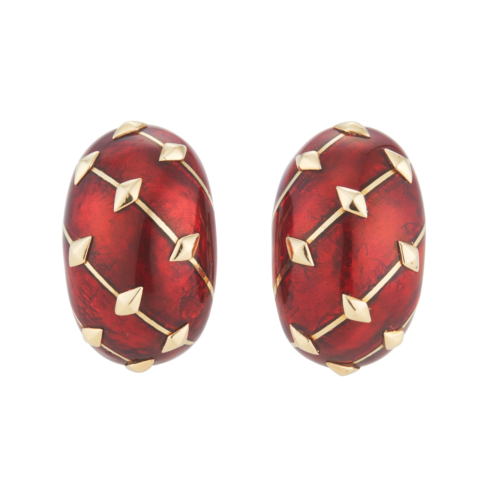 18ct Yellow Gold Schlumberger Enamel Red Earrings