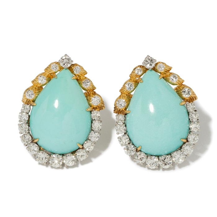 Vintage And Estate Jewelry Vintage 14K Yellow & White Gold Turquoise & Diamond Earrings