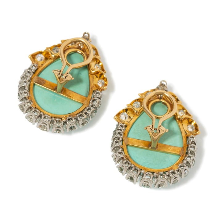 Vintage And Estate Jewelry Vintage 14K Yellow & White Gold Turquoise & Diamond Earrings