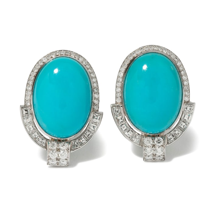 Vintage And Estate Jewelry Luxurious 18K Yellow and White Gold Turquoise & Diamond Earrings