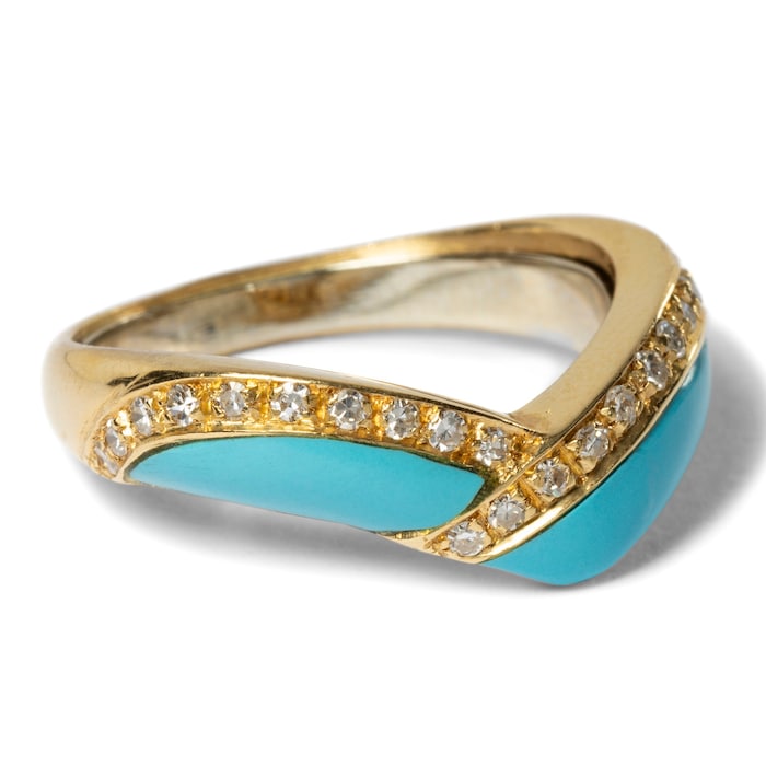 Vintage And Estate Jewelry Stunning 18K Yellow Gold Turquoise & Diamond Vintage Ring - Size 8.25