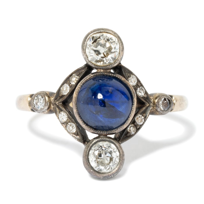 Vintage And Estate Jewelry Antique 14K Yellow Gold & Silver Sapphire & Diamond Ring - Size 8.25