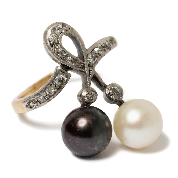 Vintage And Estate Jewelry Charming 14K Yellow Gold & Silver Pearl & Diamond Antique Ring - Size 5