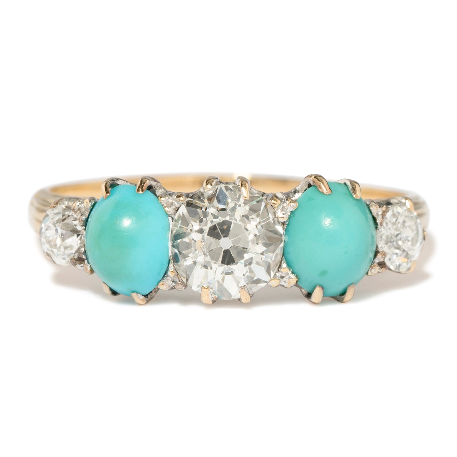 Vintage And Estate Jewelry Antique 18K Yellow Gold Ring With English Turquoise & Diamonds - Size 9