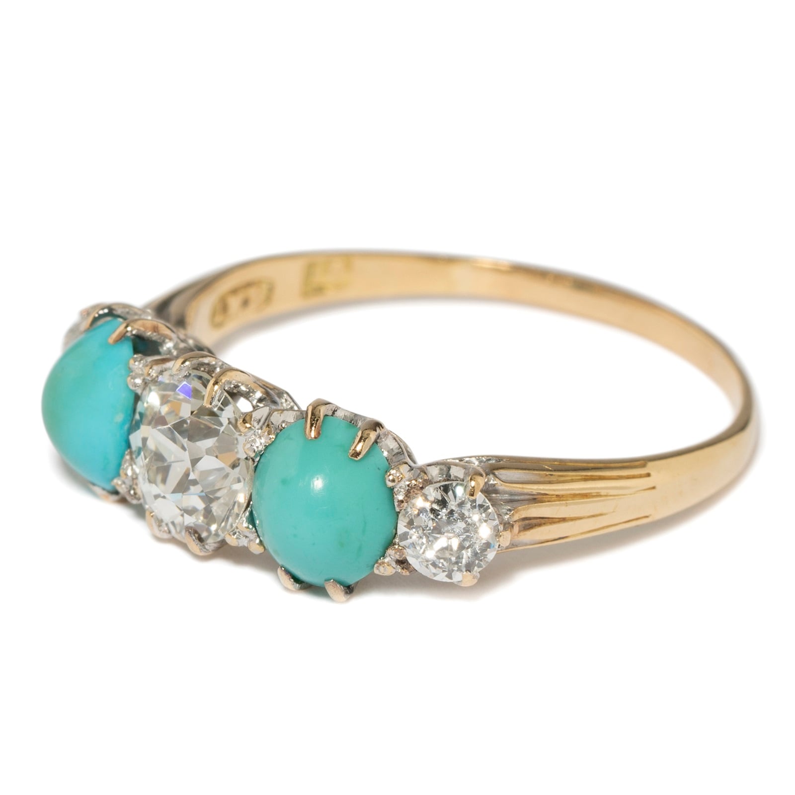 Vintage And Estate Jewelry Antique 18K Yellow Gold Ring With English Turquoise & Diamonds - Size 9