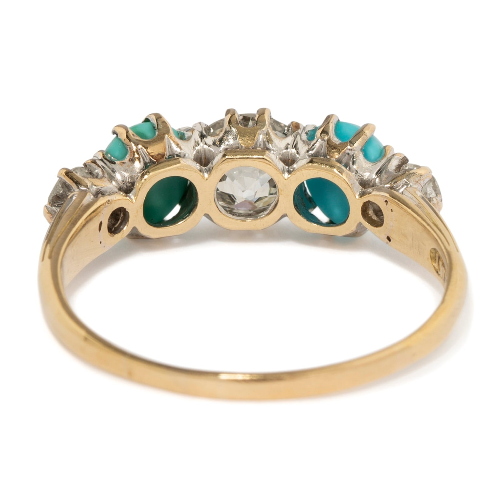 Vintage And Estate Jewelry Antique 18K Yellow Gold Ring With English Turquoise & Diamonds - Size 9