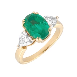 Pre-Owned and Vintage Jewellery 18ct French Yellow & White Gold Ring with a Colombian Emerald and Diamond Hearts