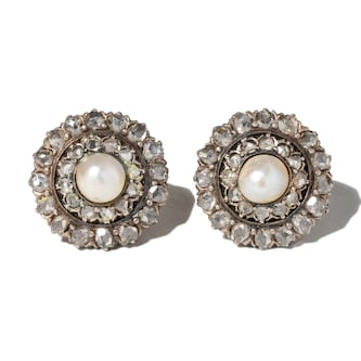 Vintage And Estate Jewelry Vintage Platinum & 18ct Gold Diamond & Pearl Cluster Stud Earrings