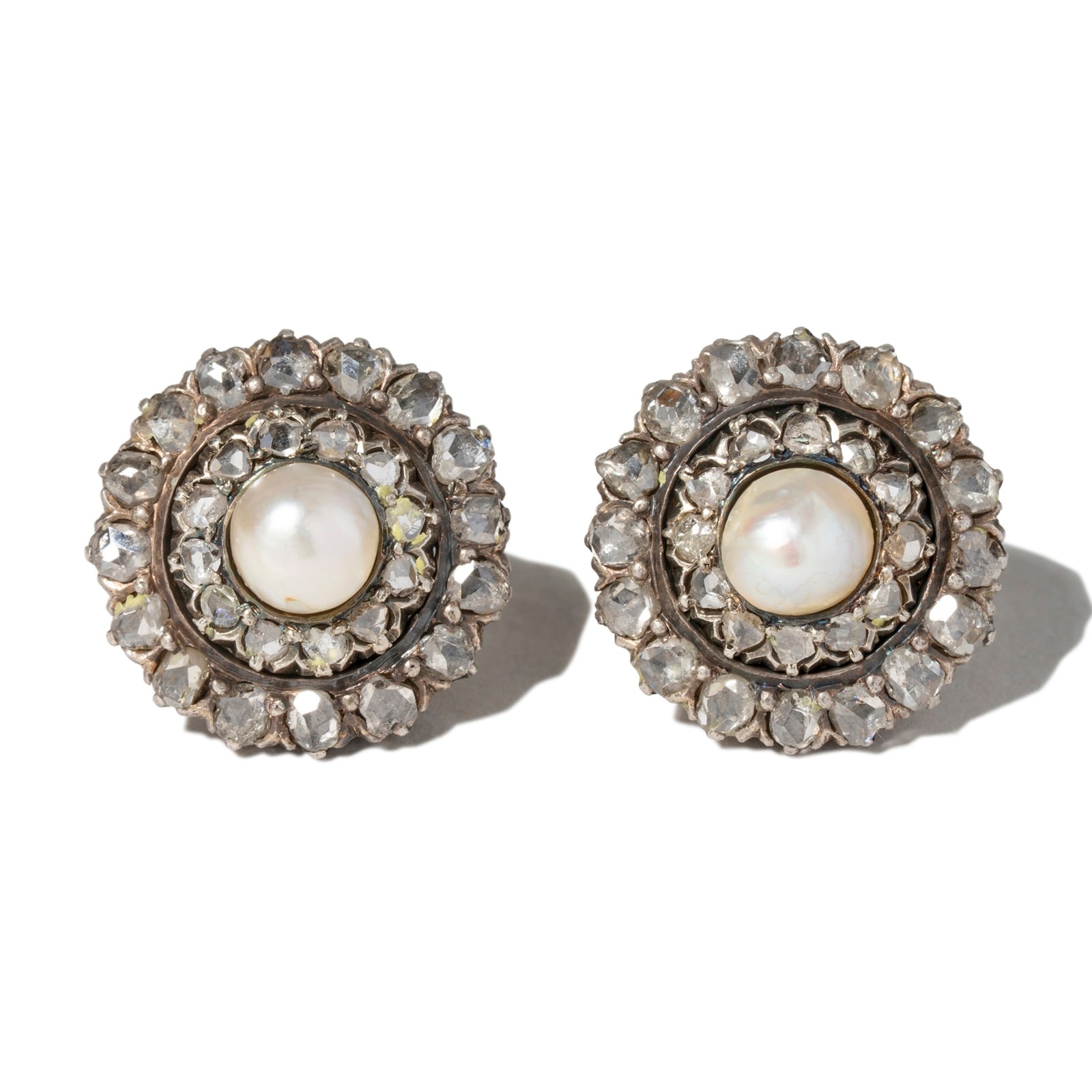 Vintage And Estate Jewelry Vintage Platinum & 18ct Gold Diamond & Pearl Cluster Stud Earrings