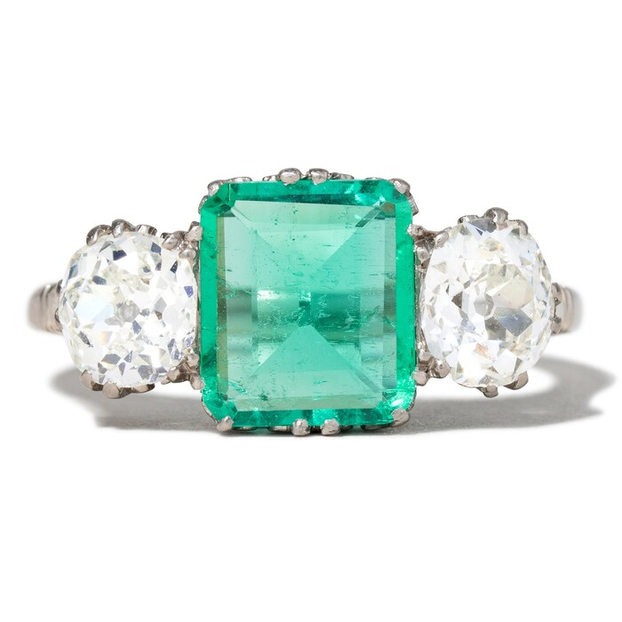 Vintage And Estate Jewelry Antique 18K White Gold 1.40cttw Diamond & 1.71cttw Emerald Ring - Ring Size 6.75