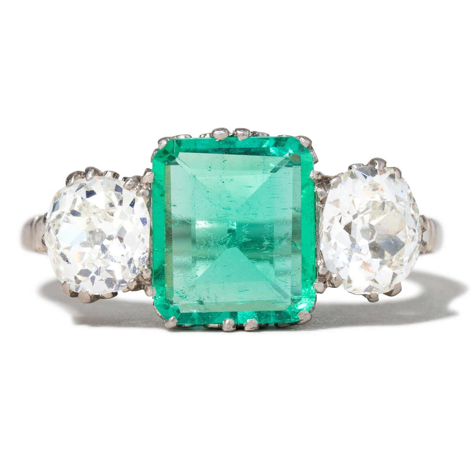 Vintage And Estate Jewelry Antique 18K White Gold 1.40cttw Diamond & 1.71cttw Emerald Ring - Ring Size 6.75